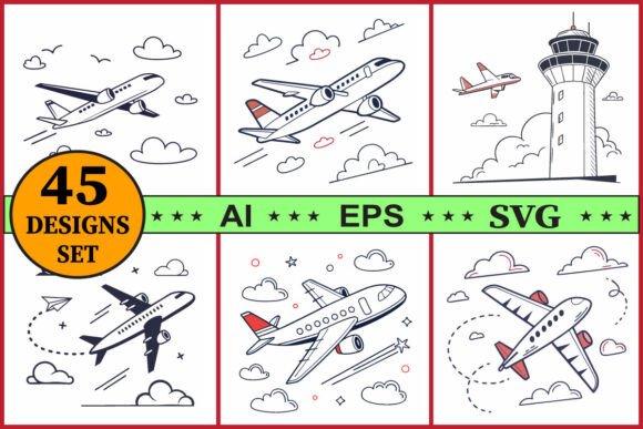 Airplane Flight Icon Vector Set Graphics