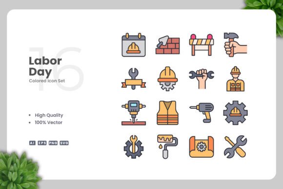 Labor Day Colored Icons for Graphics and Branding