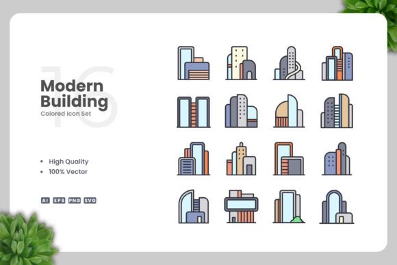 Modern Building Colored Icons for Graphics and Branding