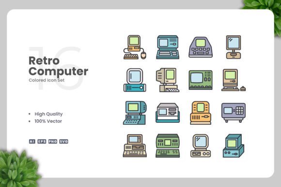 Retro Computer Colored Icons Graphics