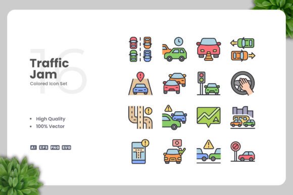 Traffic Jam Colored Icons: Graphics and Icons for Digital Sellers