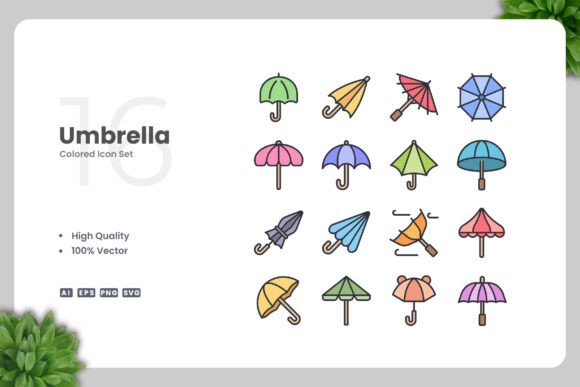 Umbrella Colored Icons for Graphics and Branding